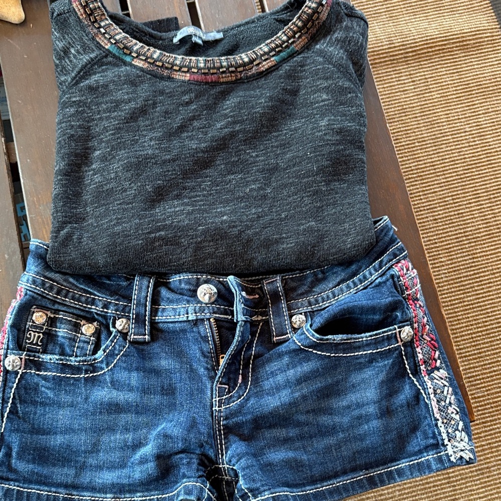 Miss Me Black Top and Blue Denim Shorts Set